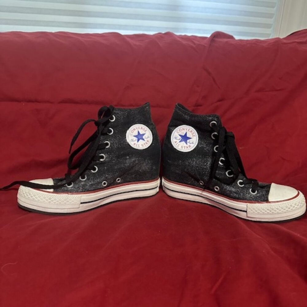 Converse Women All Star Platform Hidden Wedge Heel Chuck Taylor Black Sparkle
